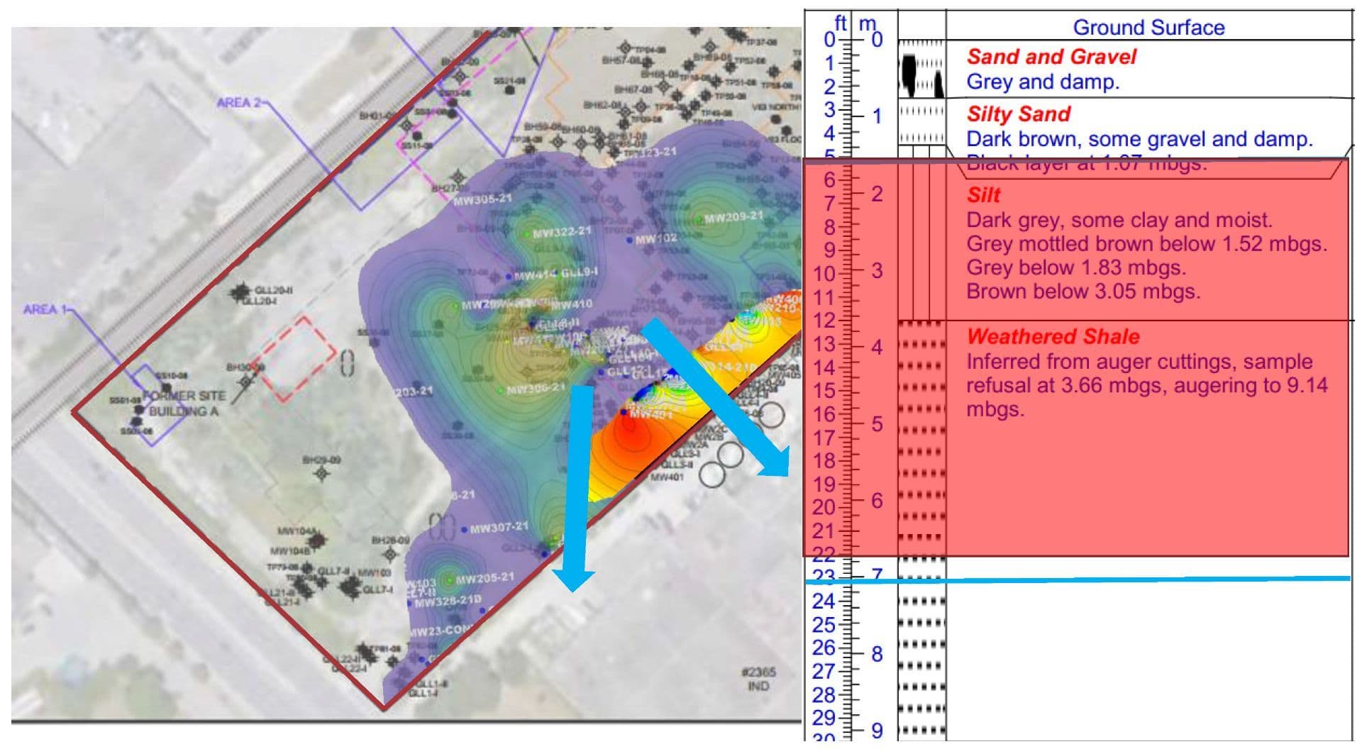 Contaminant distribution map and example stratigraphic profile