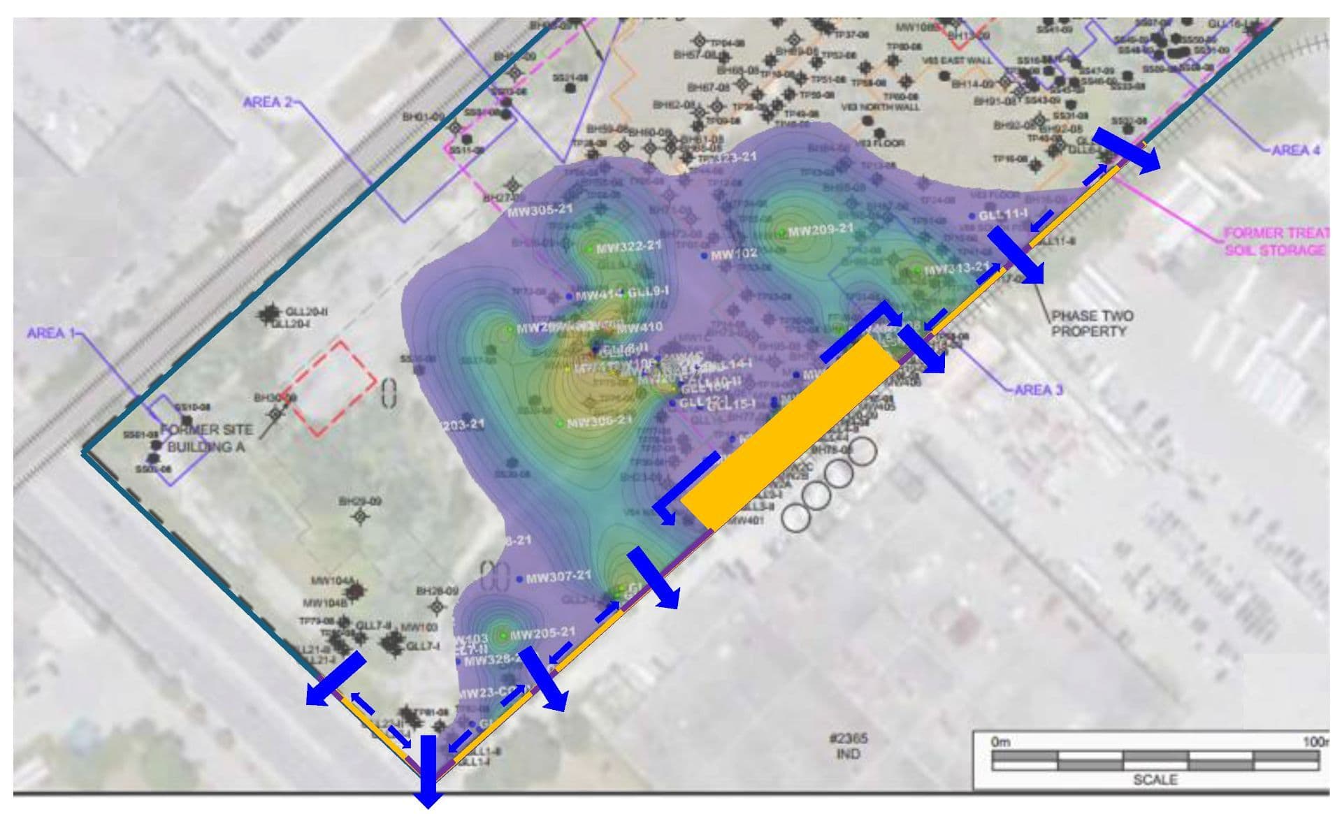 Site layout showing the encapsulated zone and the funnel and gate PRB for PCBs VOCs and PHCs